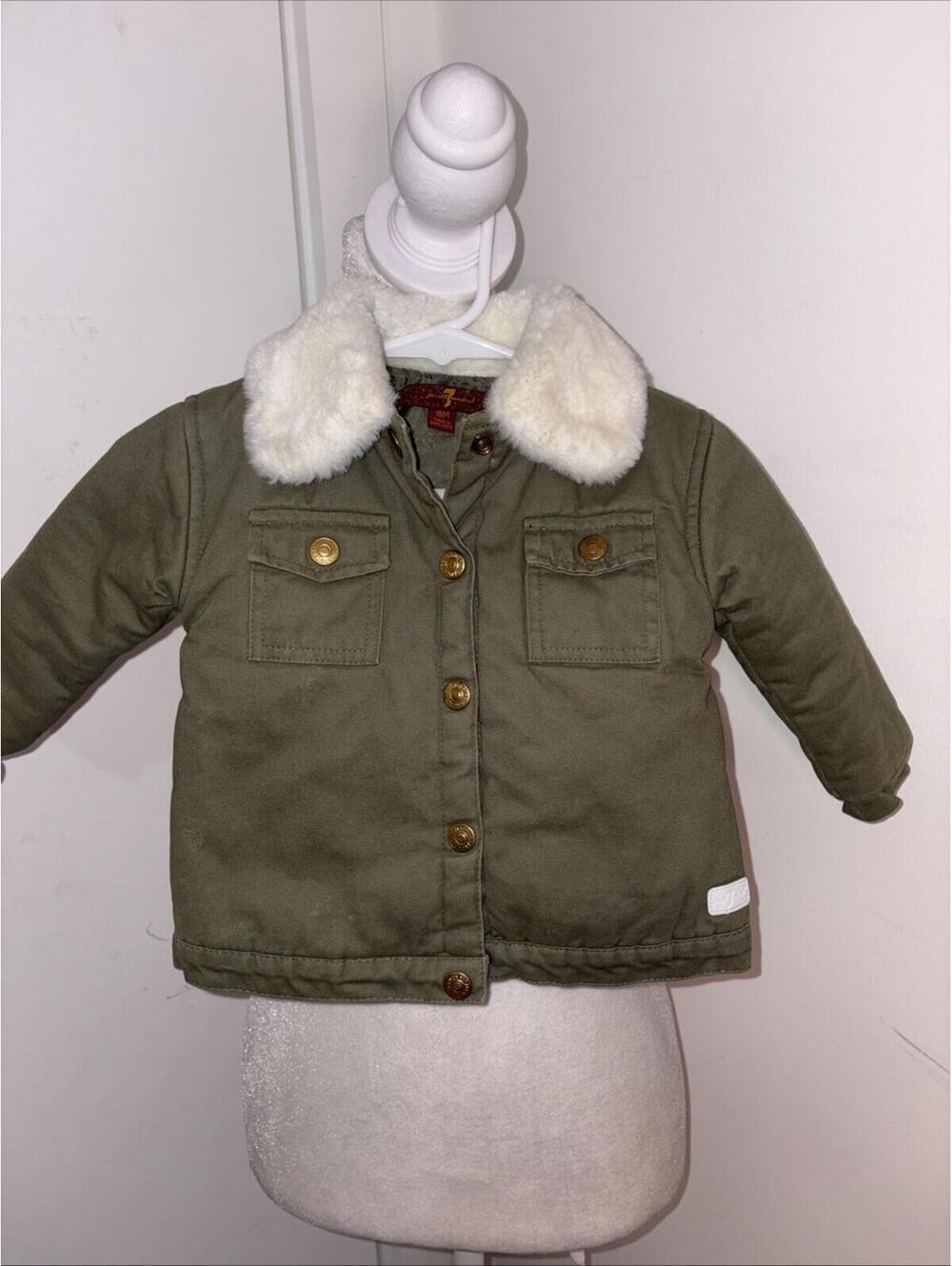 7 for All Mankind Olive Green Jacket Faux Fur Collar 18 Months